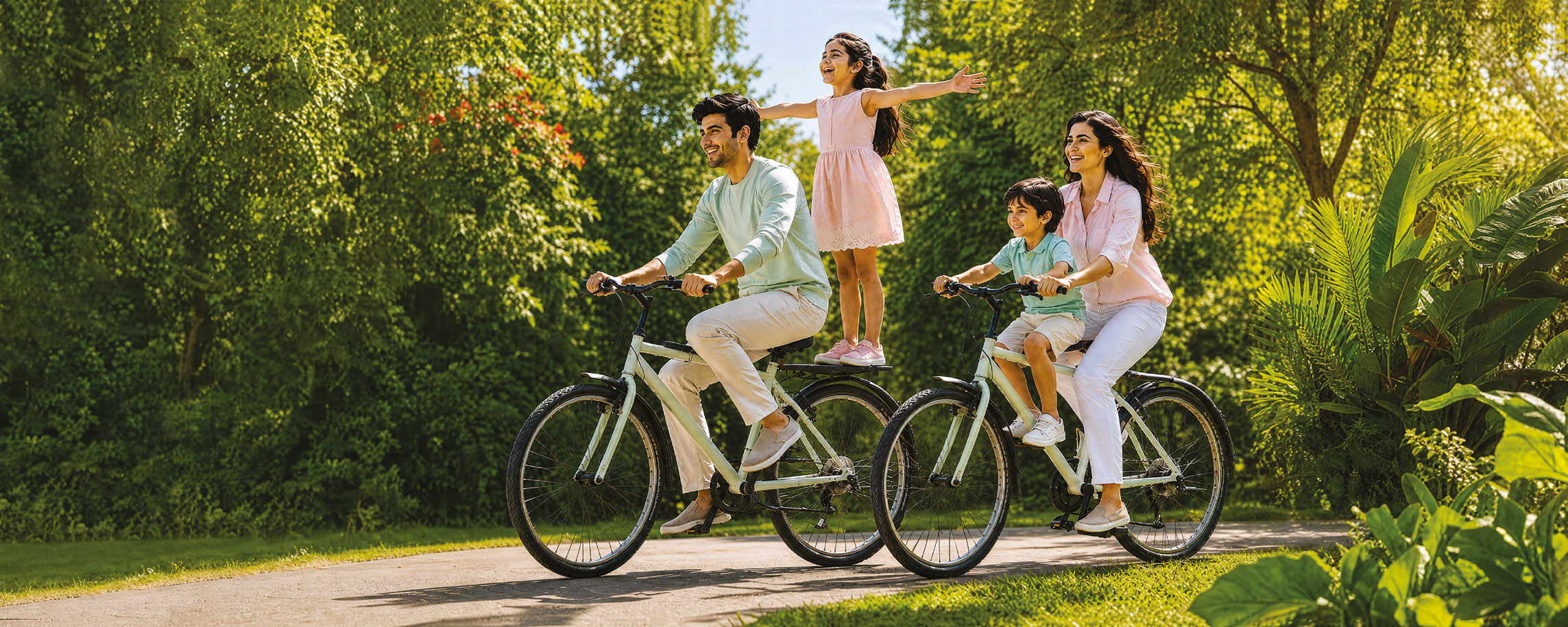 Family cycling together